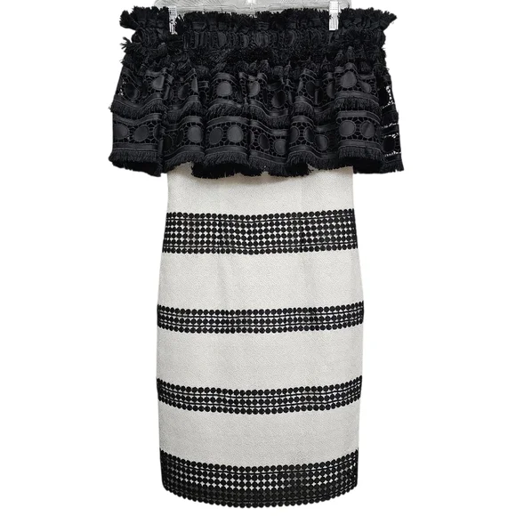 Nwot Badgley Mischka Black/White Off Shoulder Fringed Shortsleeve Ruffle Dress - Picture 3 of 17